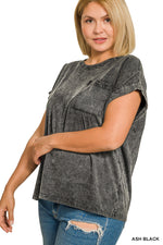 Zenana Full Size Crinkle Washed Round Neck Folded Short Sleeve Tee Plus Size