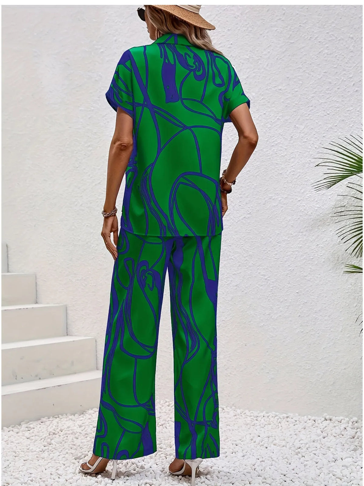 Printed Button Up Shirt and Pants Set