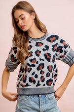 BiBi Two Tone Detail Leopard Knit Double Sleeves Top