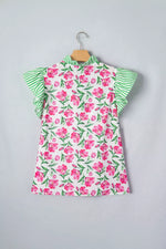 Floral Print Striped Ruffle Trim V Neck Blouse