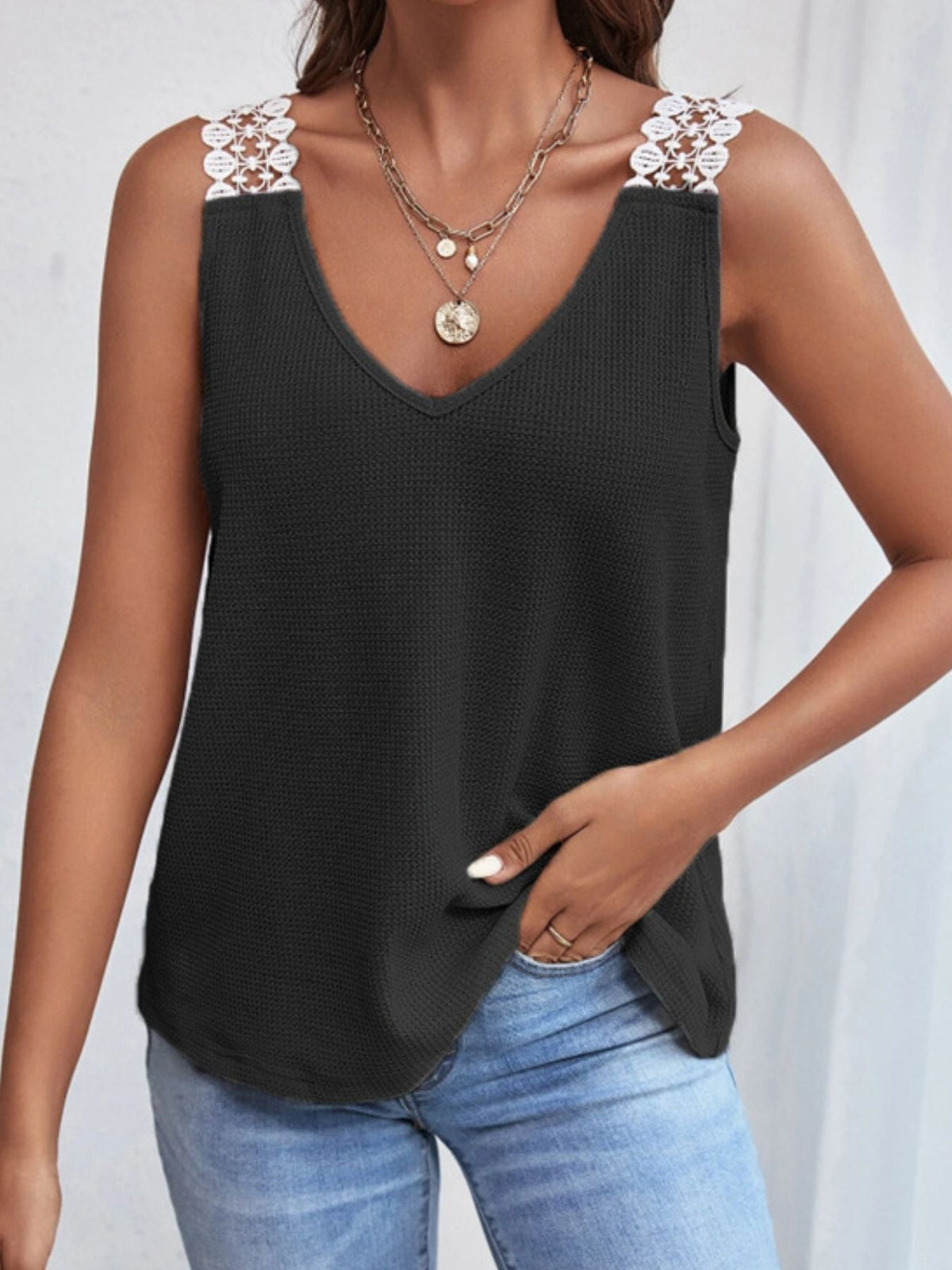 Full Size Lace Trim V-Neck Waffle Knit Tank Plus Size
