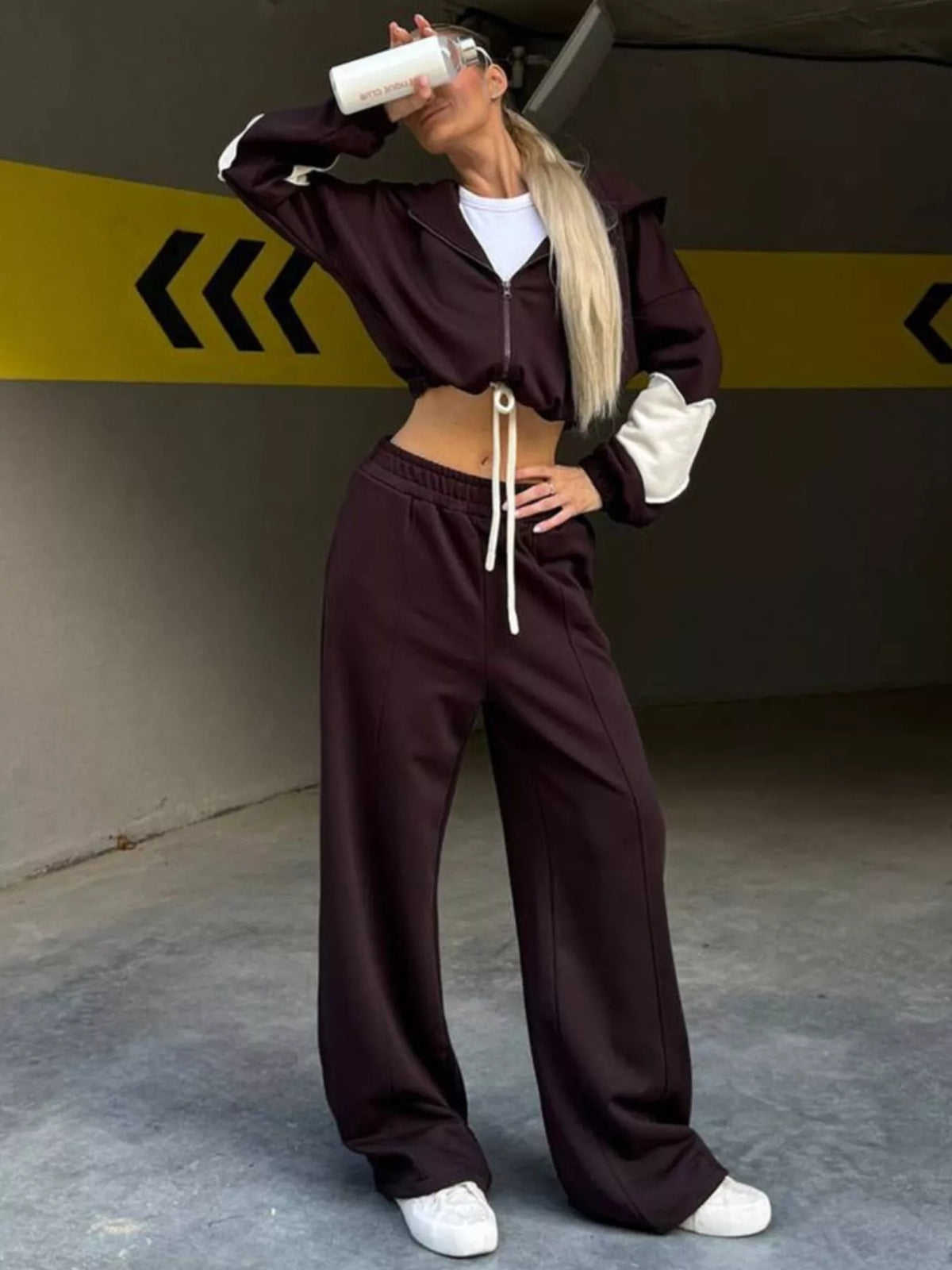 Zip Up Hoodie and Wide-Leg Pants Set