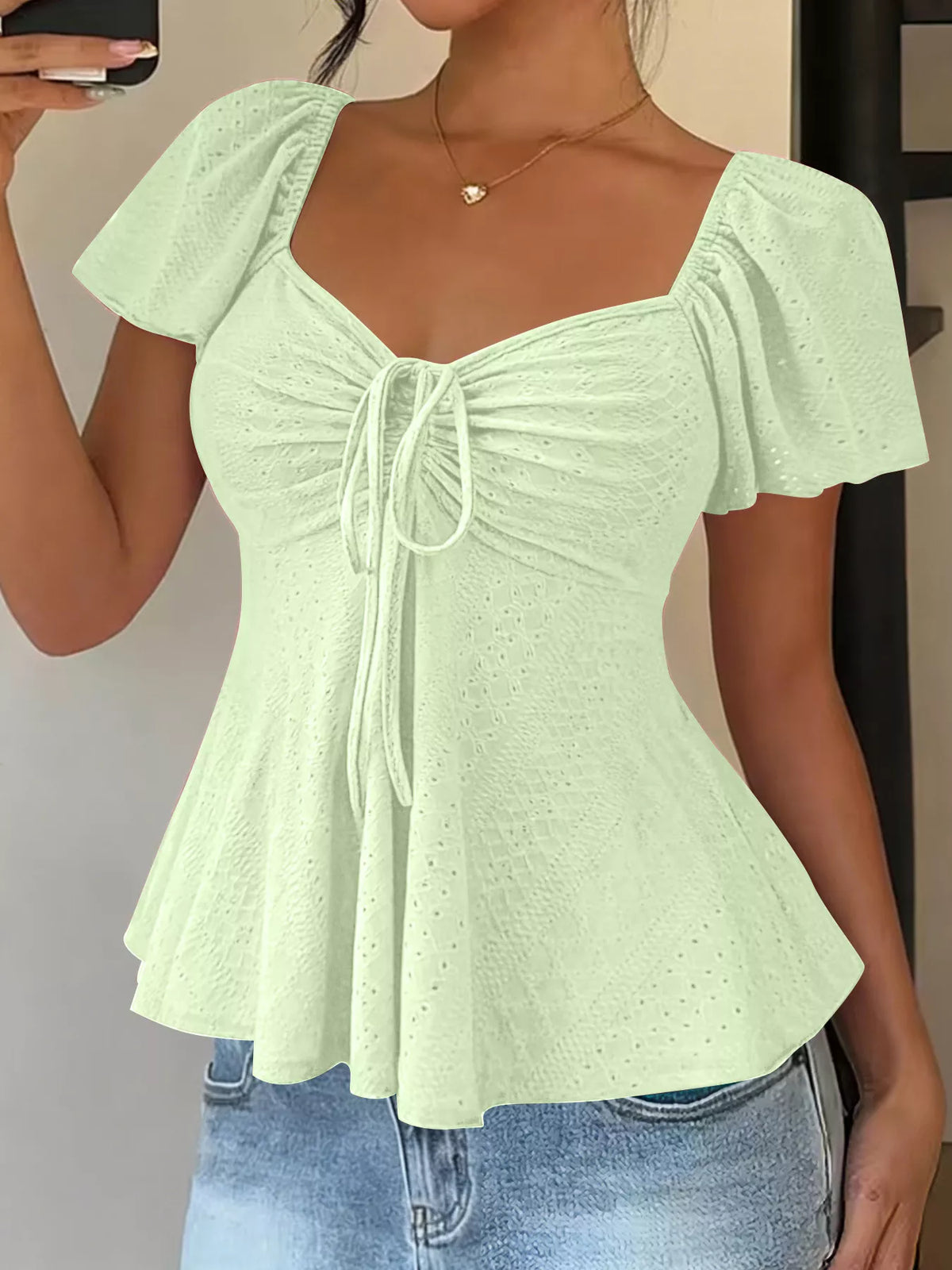 Sweetheart Neck Flutter Sleeve Top