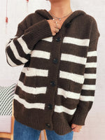 Striped Button-Up Hooded Cardigan