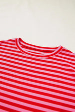 Stripe Ribbed Cap Sleeve Round Neck T Shirt