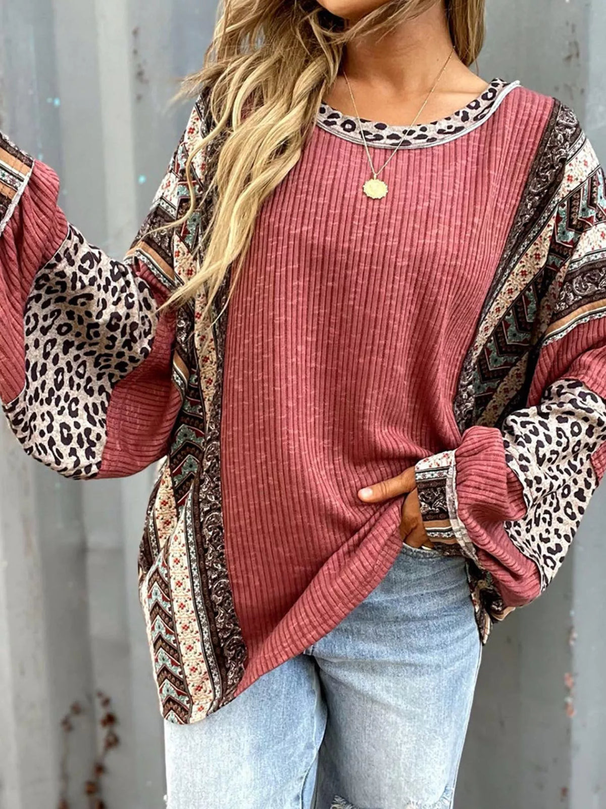 Leopard Color Block Ribbed Top