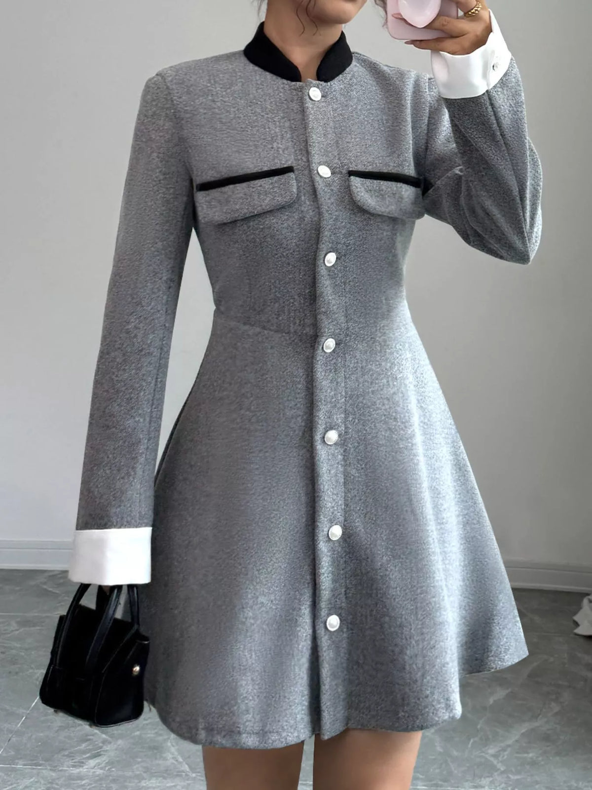 A-Line Long Sleeve Button-Down Dress