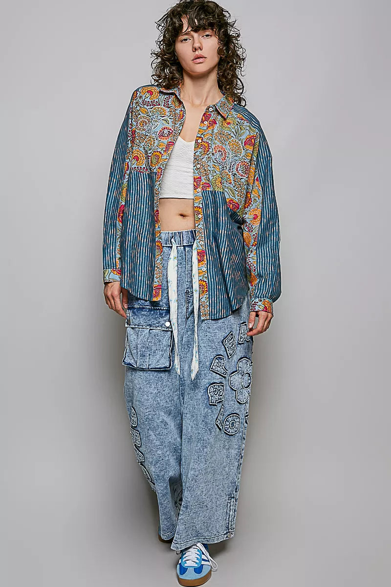 POL Patchwork Mixed Textured Paisley Floral Stripe Long Sleeve Shirt