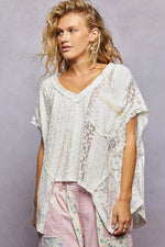 POL Asymmetrical V-Neck Short Sleeve Lace Top