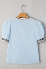 Contrast Leopard Trim Split Neck Puff Sleeve Blouse