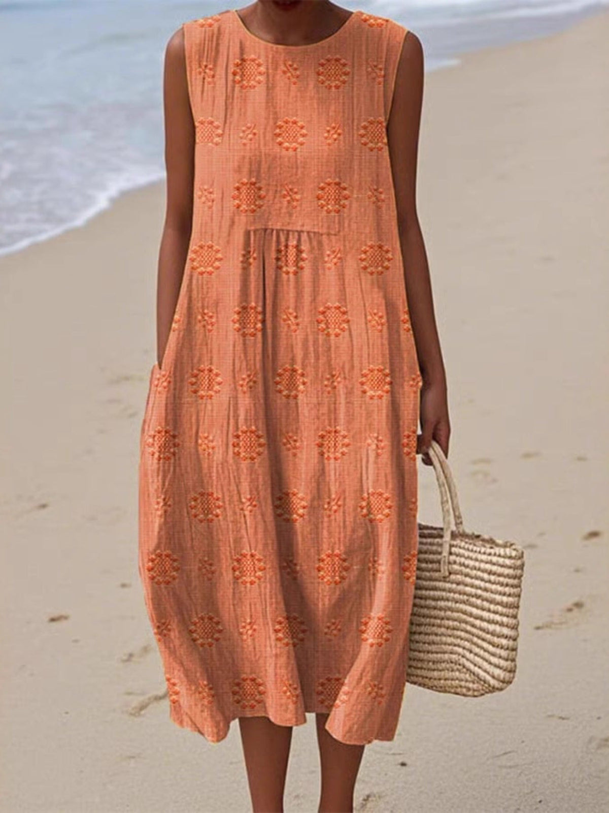 Full Size Round Neck Sleeveless Casual Midi Dress Plus Size