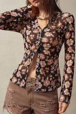 FloralButton-Front Shirt with Bell Sleeves