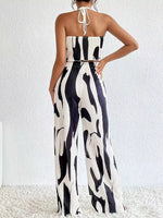 Abstract Print Halter Neck Crop Top and Wide Leg Pants Set