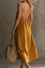 Casual Halter Neck Pocket Midi Dress