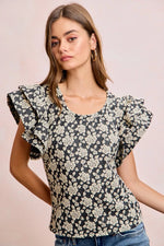 BiBi Floral Jacquard Ruffle Sleeves Knit Top