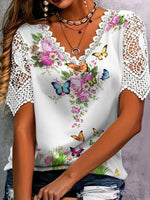 Full Size Printed Lace Sleeve V-Neck T-Shirt Plus Size
