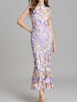 Floral Embroidered Mesh Overlay Maxi Dress