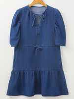 Drawstring High Waist Puff Sleeve Denim Mini Dress