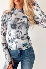 Floral Mesh High Neck Long Sleeve Sheath Top
