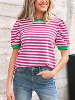 Stripe Short Puff Sleeve Contrast Trim Round Neck Tee