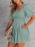 Square Neck Ruched Puff Sleeve Romper
