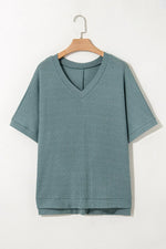 Oversized Ribbed Knit V Neck Dolman Short Sleeve Top