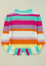 Openwork Contrast Striped Round Neck Knit Top