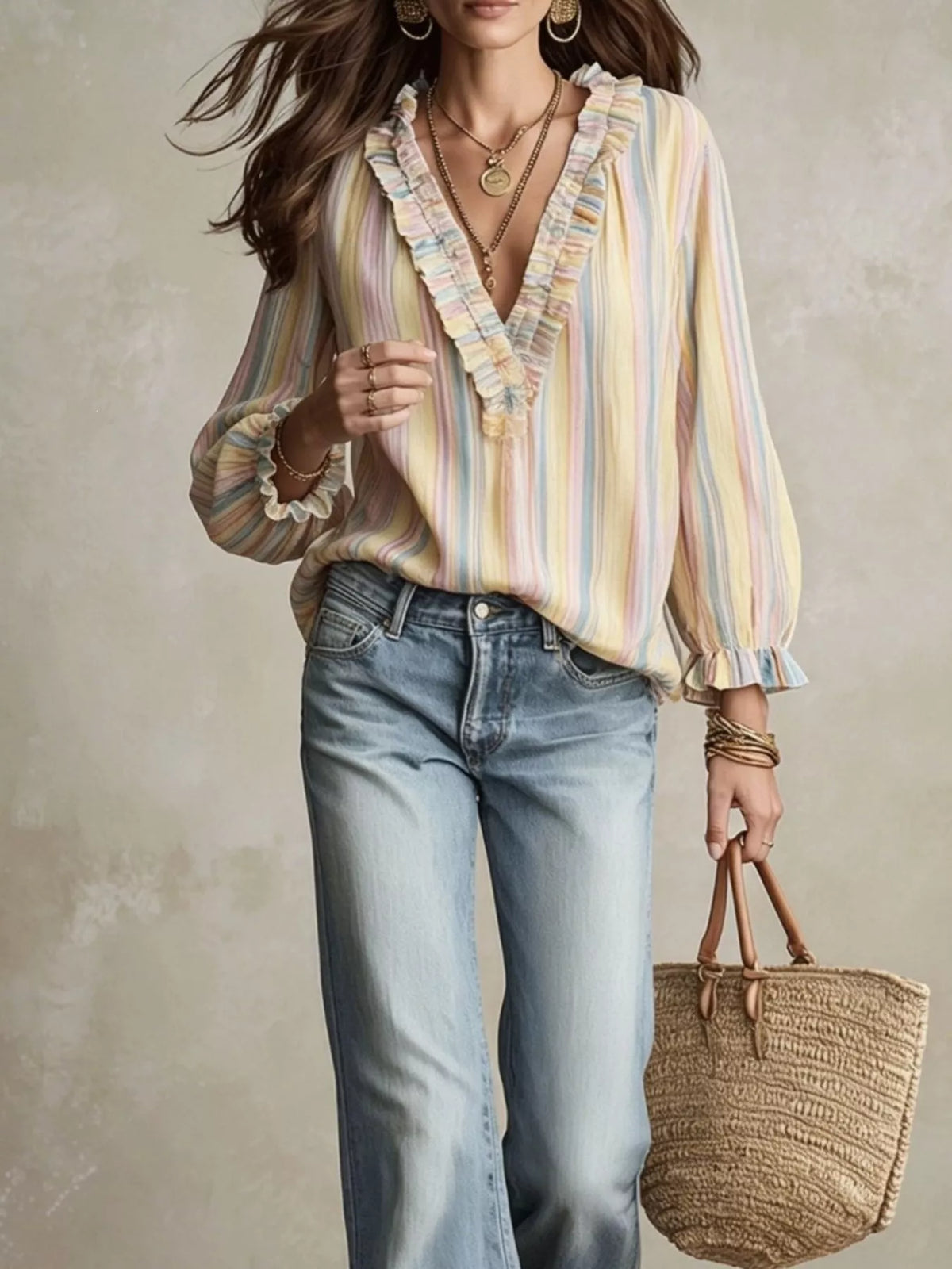 Striped Ruffle-Trim V-Neck Blouse