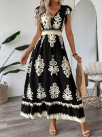 Printed V-Neck Ruffled Cap Sleeve Dress