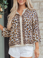 Mixed Leopard Patchwork 3/4 Sleeve Loose Shirt