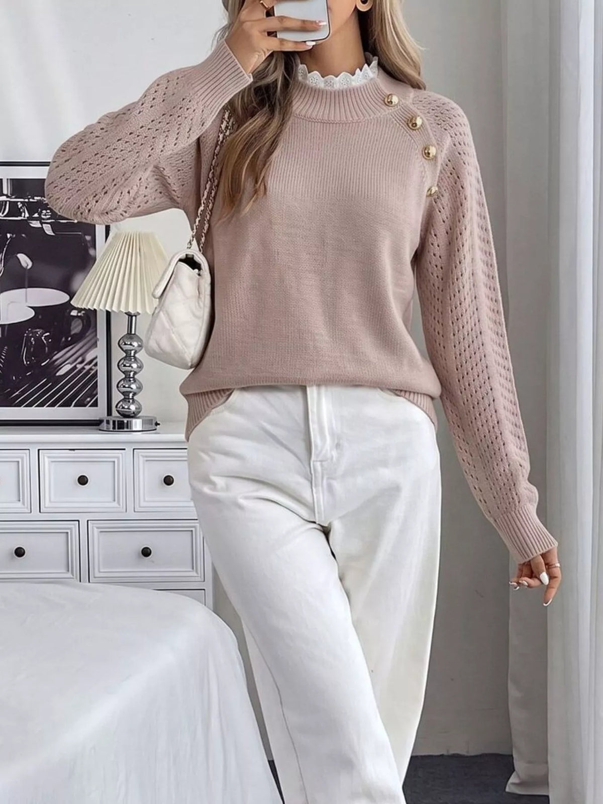 Openwork Mock Neck Sweater