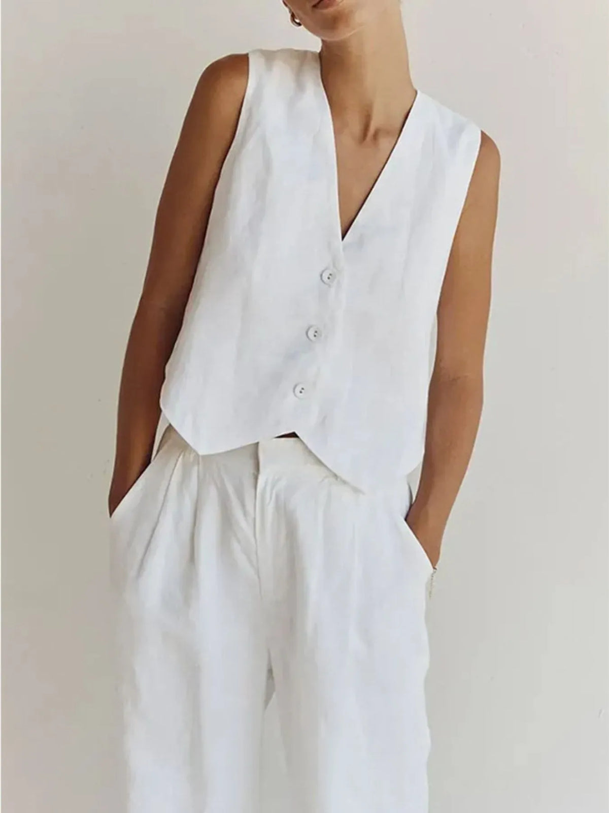 Full Size V-Neck Vest and Wide Leg Pants Set Plus Size