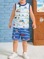 Children's Cartoon Vehicle Print Sleeveless Top & Shorts Set