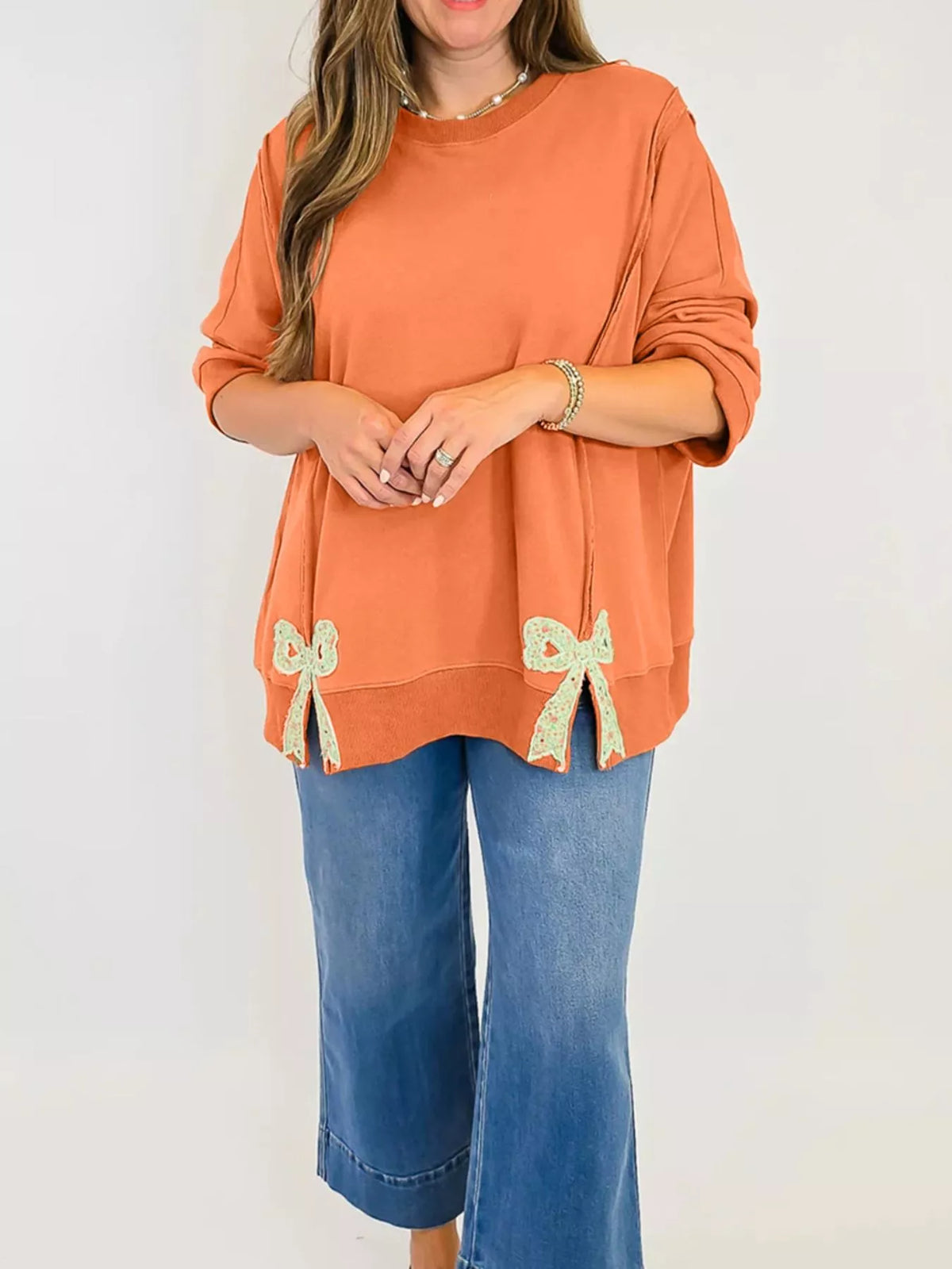Bow Slit Round Neck Sweatshirt