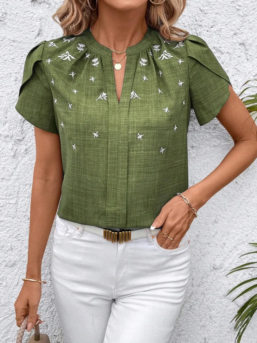 Floral Notched Short Sleeve Blouse