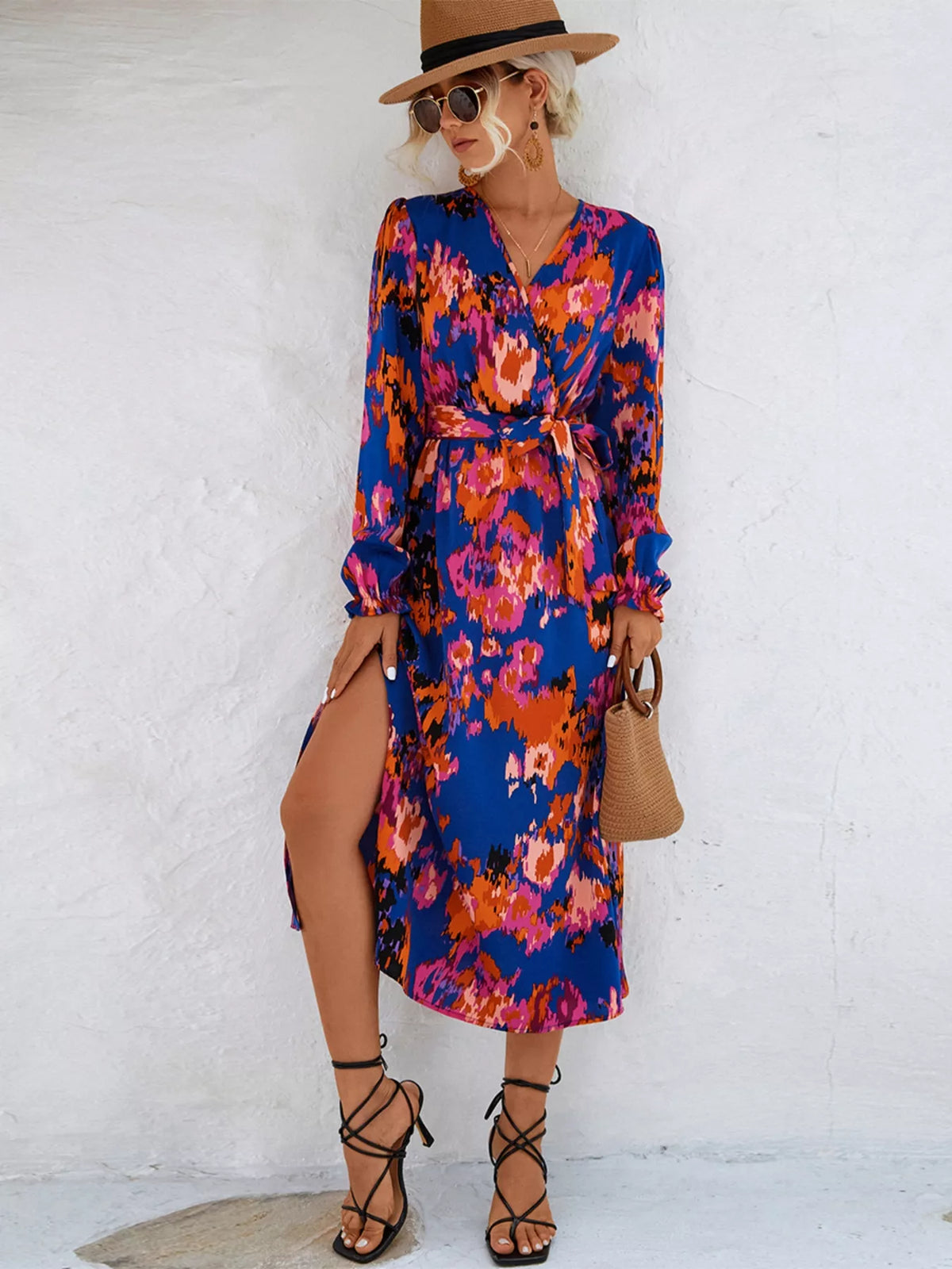 Printed Surplice Long Sleeve Midi Dress