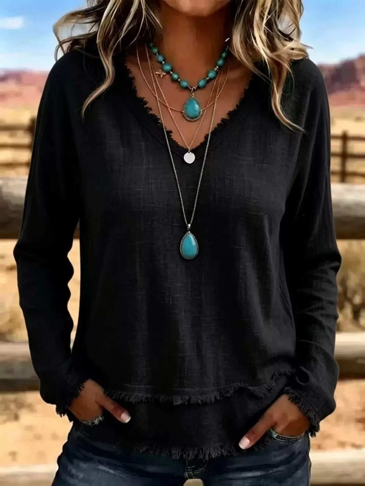 V-Neck Long Sleeve Blouse with Frayed Hem Detail