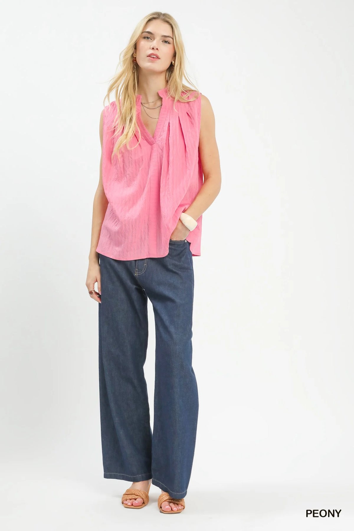Umgee Sleeveless Textured Split Neck Top