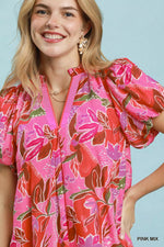 Umgee Tropical Floral Puff Sleeve Tiered Mini Dress