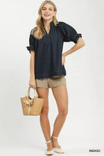 Umgee Chambray Puff Sleeve Scallop Hem Blouse