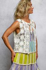 POL Tie Front Floral Pattern Crochet Vest with Scalloped Edge