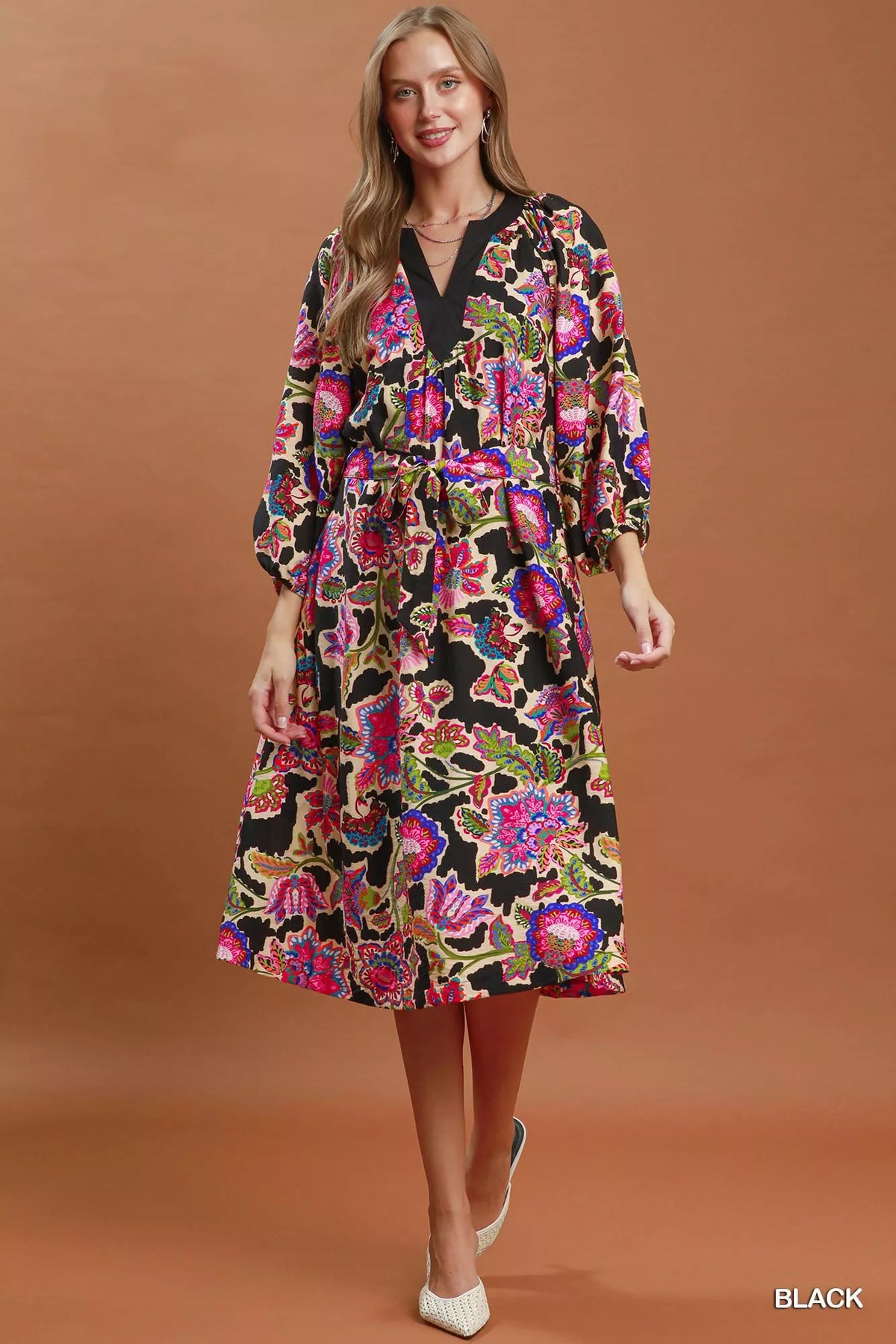 Umgee Abstract Print Embroidered Belted Midi Dress