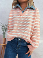 Contrast Striped Sweater with Denim Collar