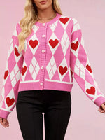 Argyle Heart Pattern Button-Up Knit Cardigan