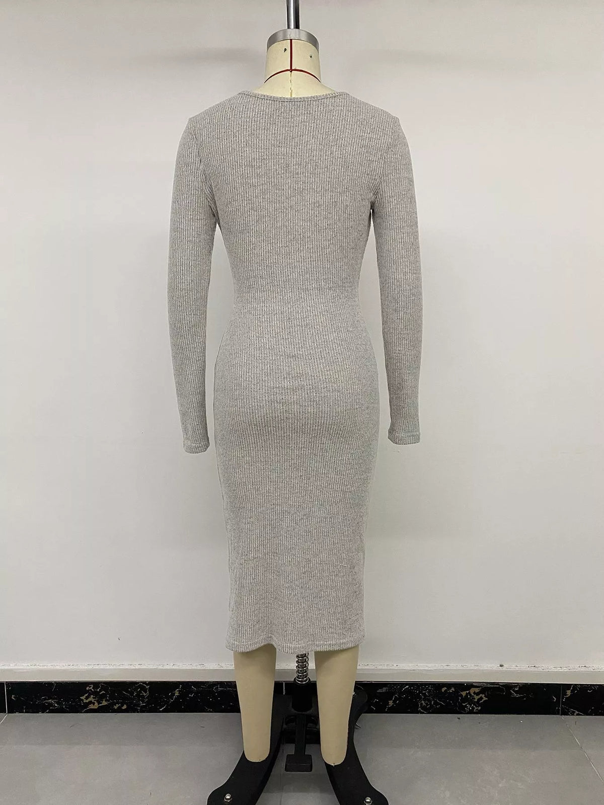 Ribbed Knit Twist Front Long Sleeve Midi Dress with Slit