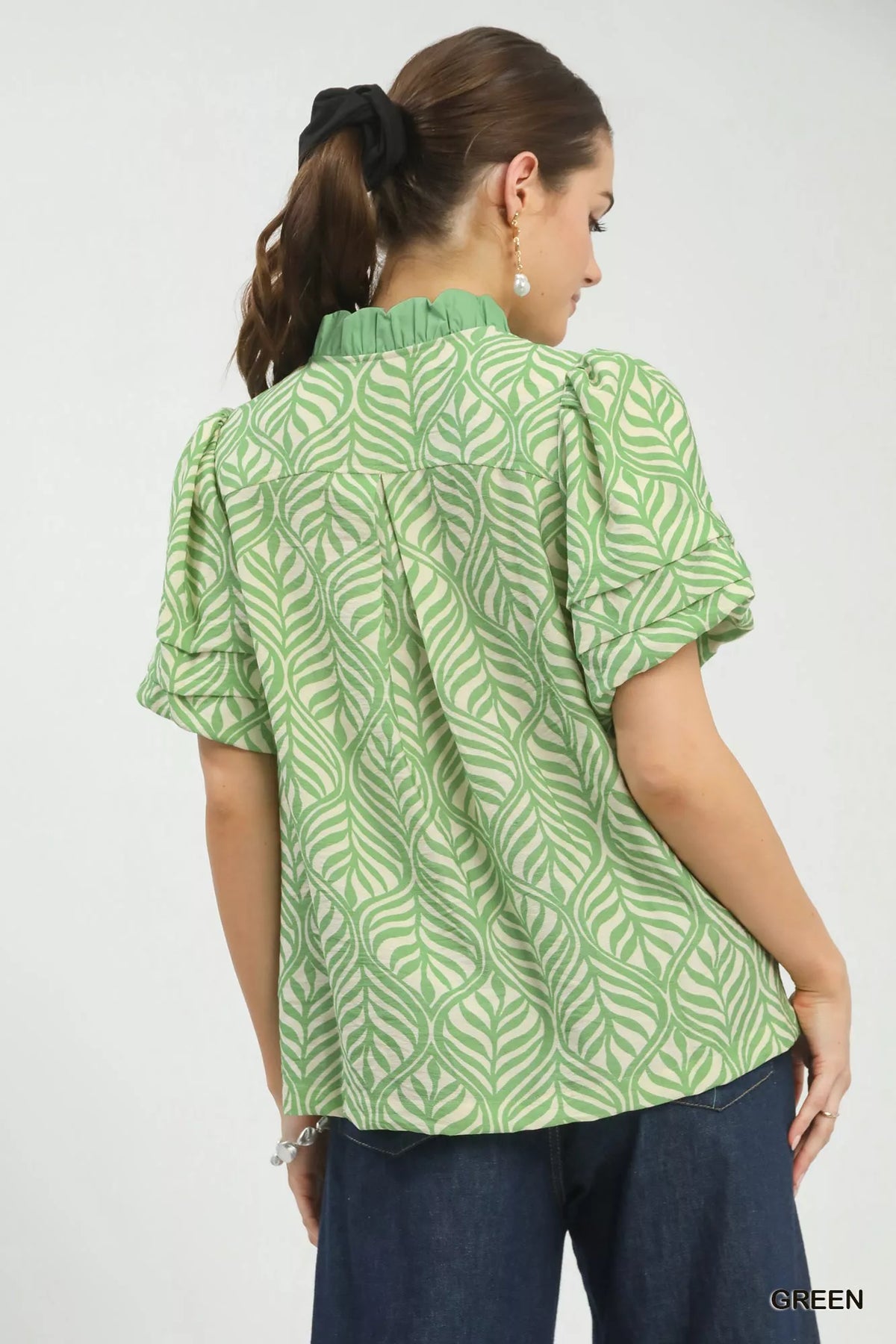 Umgee Printed Puff Sleeve Ruffle Neck Top