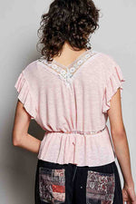 POL Tied Ruffled V-Neck Short Sleeve Blouse with Lace Detail
