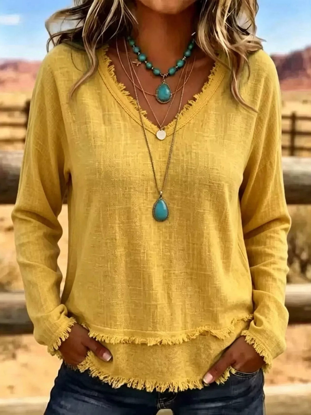 V-Neck Long Sleeve Blouse with Frayed Hem Detail