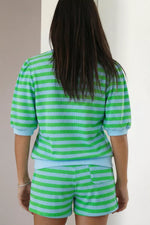 Stripe Colorblock Detail Puff Sleeve Top Drawstring Shorts 2pcs Outfit