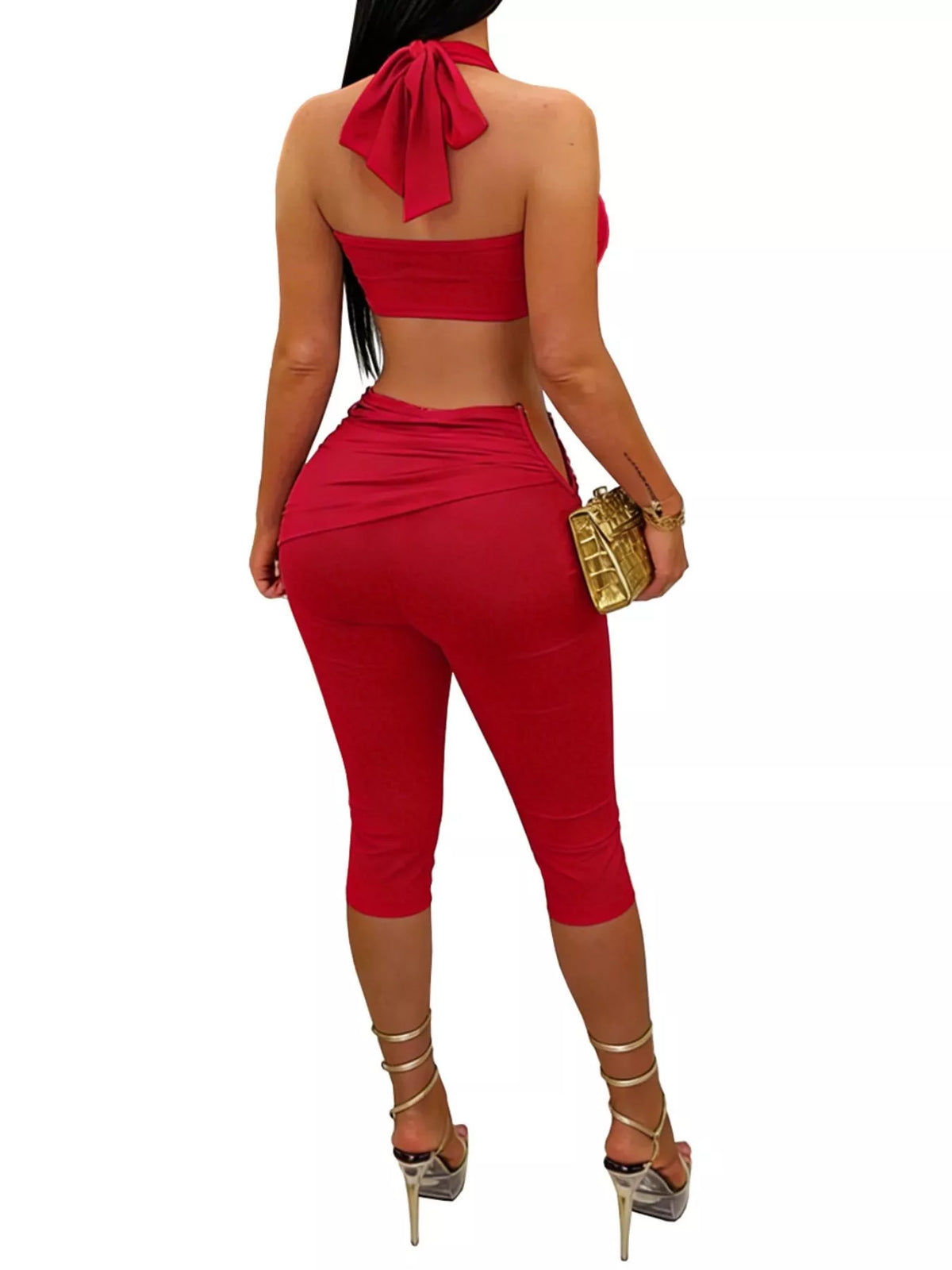 Halter Neck Twist Top and High-Waisted Ruched Capris Set